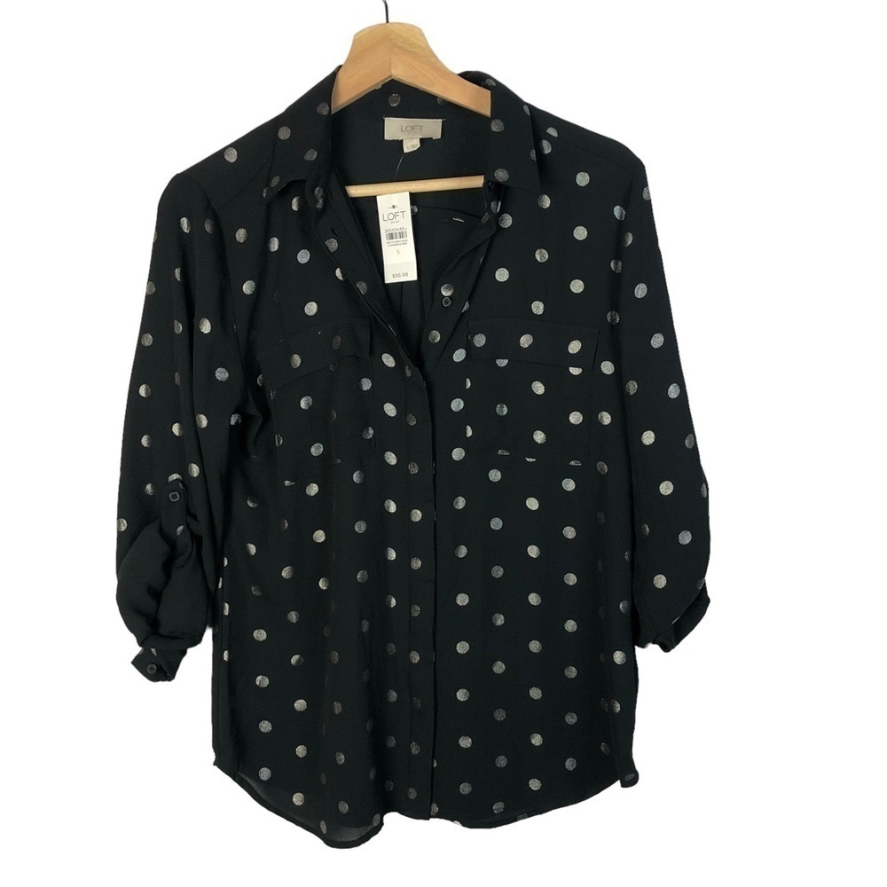 Ann Taylor LOFT Black Silver Polka Dot Long Sleeve Button Down S